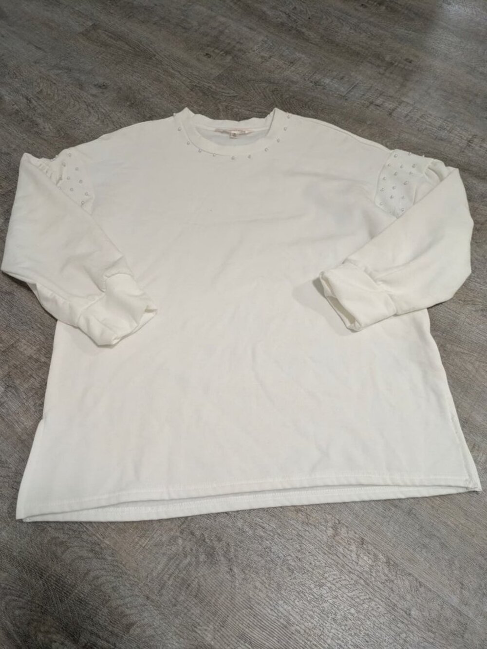 Nanette Lepore Play White Pearl Beaded Puff Sleeve Sweatshirt Size S